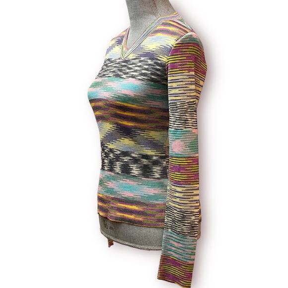 MISSONI Soft Wool Blend Space Dye V-Neck Sweater Top Yellow Mint Black and White - Picture 2 of 14
